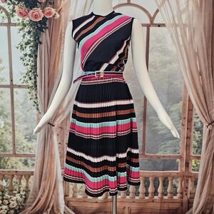 Vintage 1960's Dress Pleated Skirt Shift Mod Striped Brown Pink Sleeveless